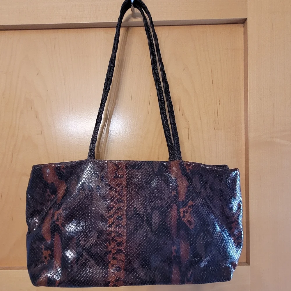 Falor Italian Leather Snakeskin Embossed Shoulder Bag Brown Black - Picture 4 of 14